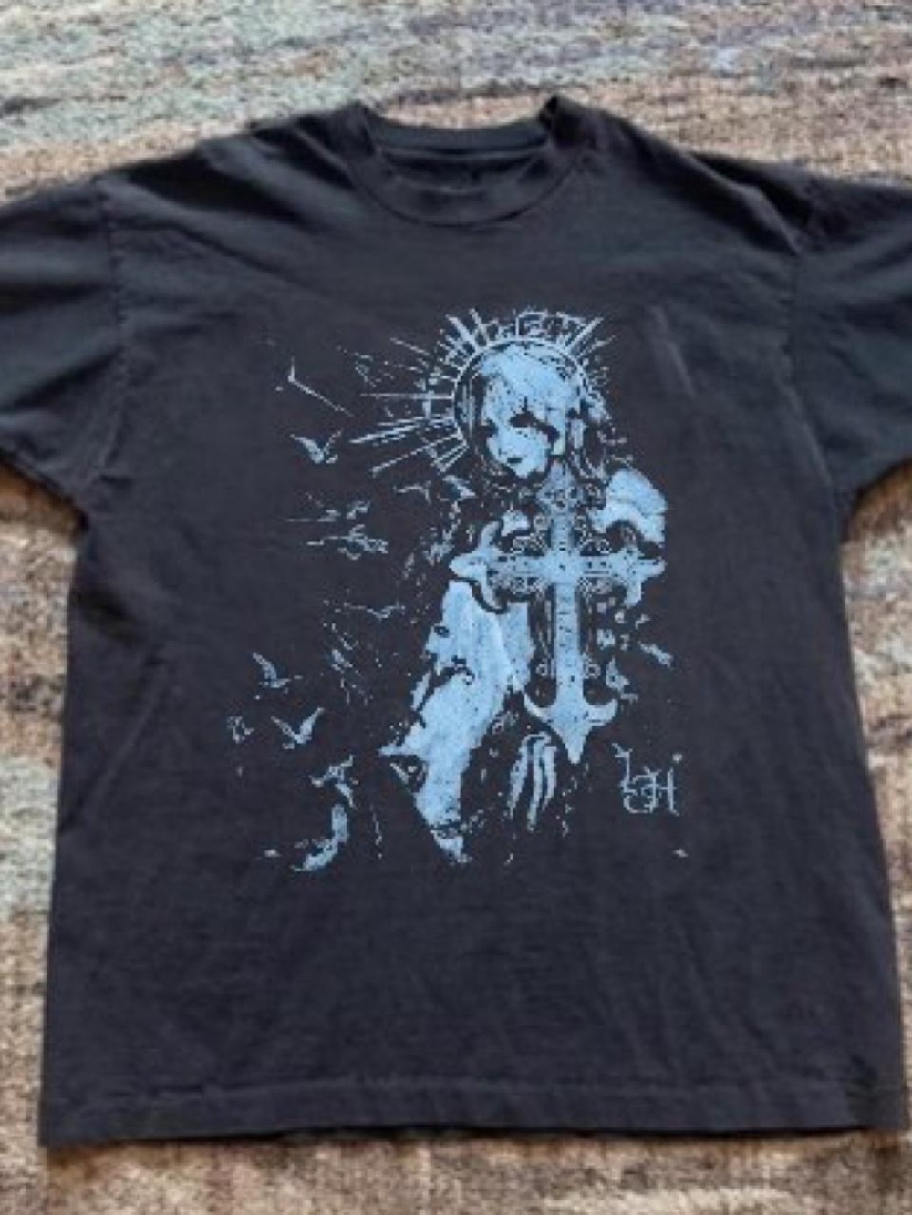 Gildan Black Short Sleeve Tee with Light Blue Religious Graphic
